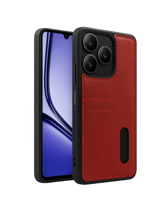 Realme Note 50 4g Kılıf Sara Kartvizitli Deri Kılıf - Kırmızı