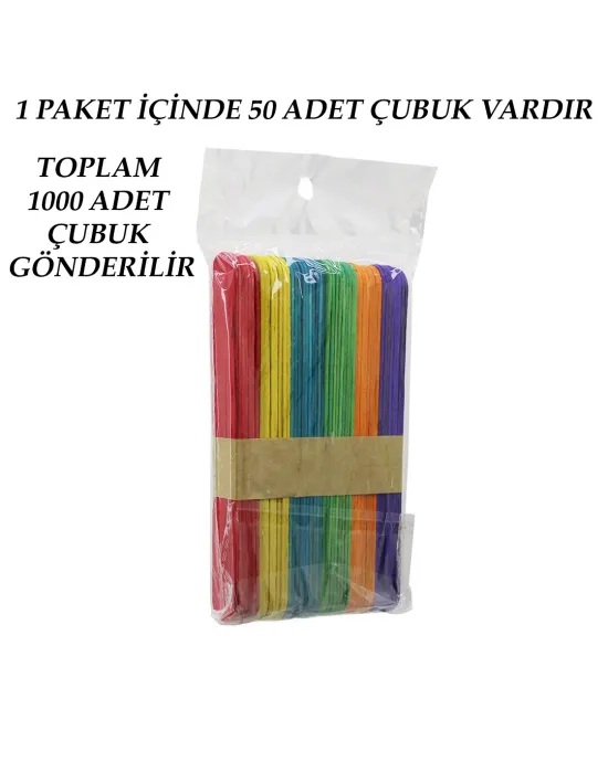 Renkli - 1000 Adet Ahşap Elişi - Dil Çubuk 15cm X 1.8cm
