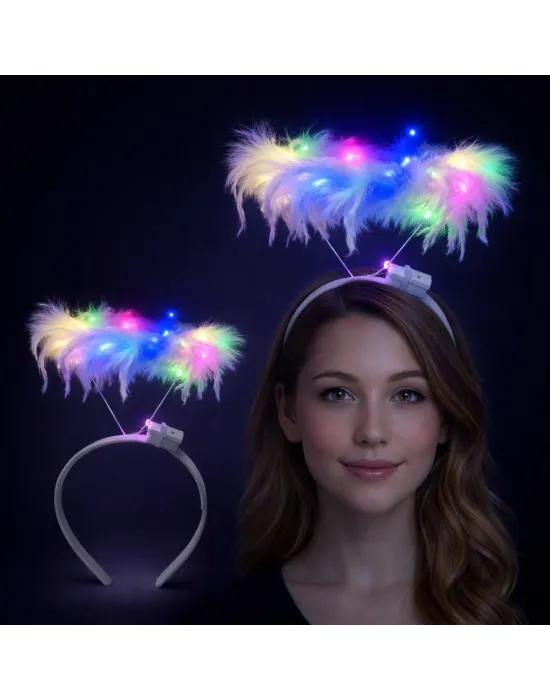 Renkli Led Işıklı Beyaz Tüylü Püsküllü Parti Tacı