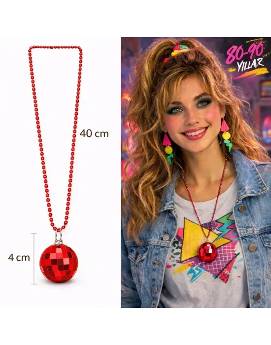 Retro Disko Topu Şekilli 8039ler 9039lar Kırmızı Renk Plastik Kolye