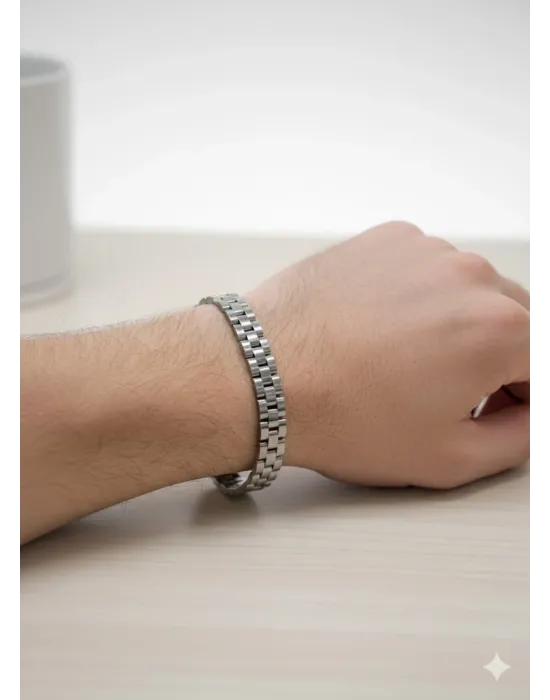 Rodyum Çelik  Erkek Çelik Bileklik Boy 21.5 Cm / En 0.8 Mm  - Ebl0041