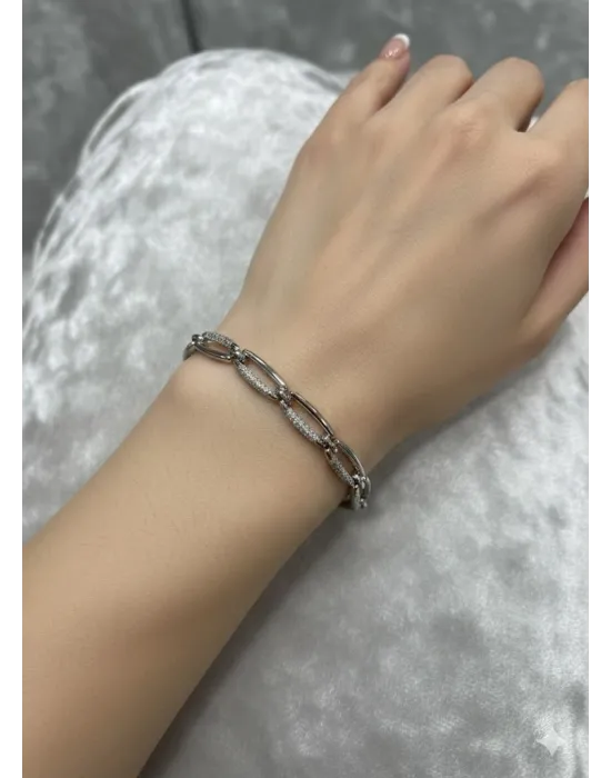Rodyum Zirkon Taşlı Pirinç Cm Bileklik 17+2 Cm  - Kbl0439