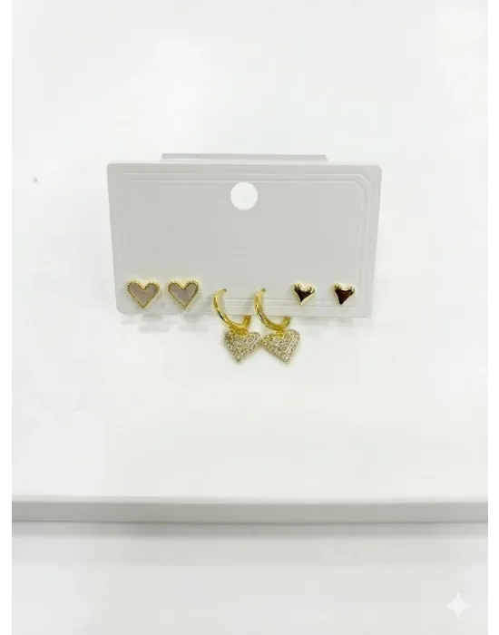 Sallantılı Kalp Detaylı Altılı Küpe - Kp00635