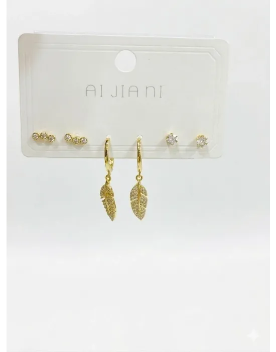 Sallantılı Yaprak Detaylı Altılı Küpe - Kp00574