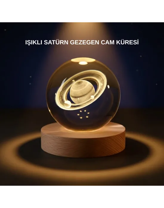 Satürn Desenli Kristal Küre Led Gece Lambası Ahşap Standlı
