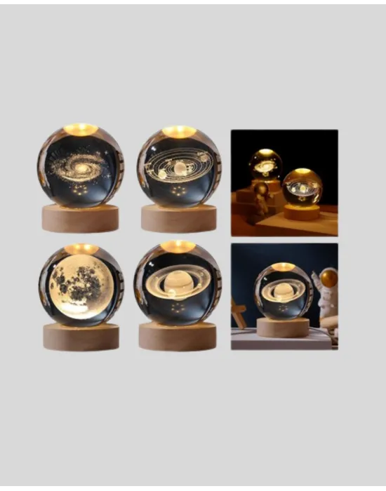 Satürn Desenli Kristal Küre Led Gece Lambası Ahşap Standlı