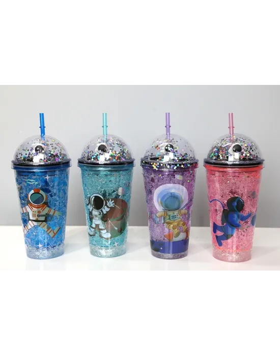 Sevimli Astronot Işıklı Pipetli Pullu Suluk & Bardak 400 Ml Alk3148