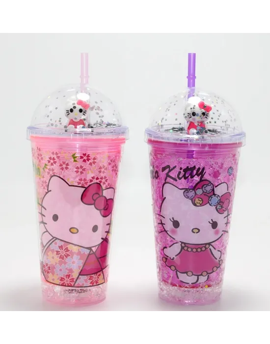 Sevimli Hello Kitty Işıklı Pipetli Boncuklu Suluk & Bardak 400 Ml  Alk4706