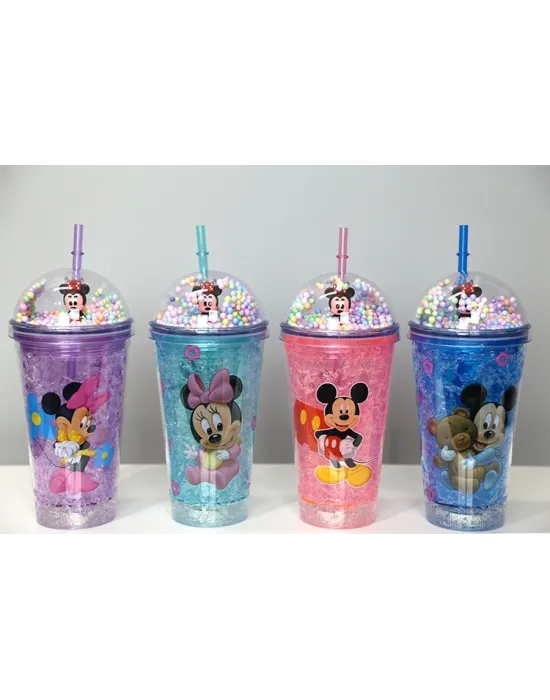 Sevimli Mickey Mouse Işıklı Pipetli Boncuklu Suluk & Bardak 400 Ml Alk3147