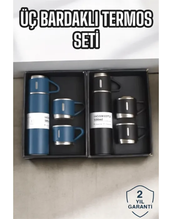 Şık Ve Dayanıklı 3 Bardaklı Termos Seti Uzun Süre Isı Koruma Özellikli
