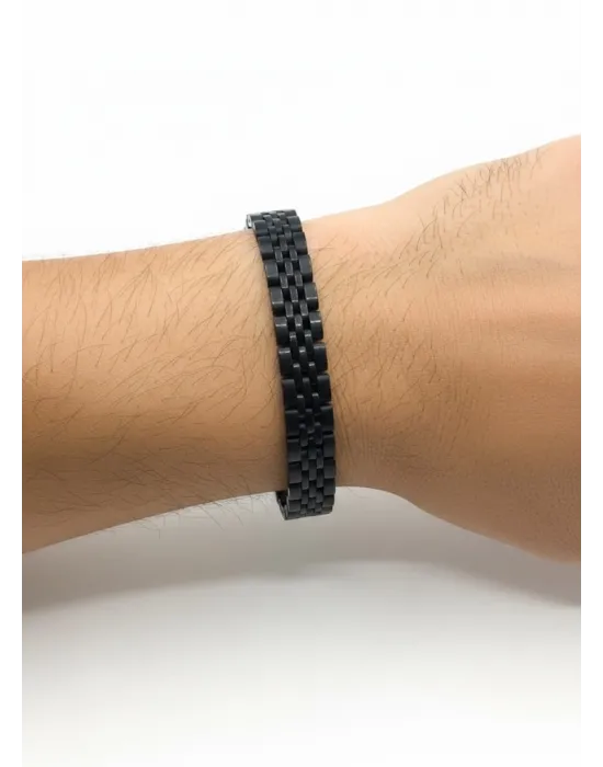 Siyah - Beyaz  Deri / Çelik  Erkek Deri Bileklik 20 Cm  - Ebl0066