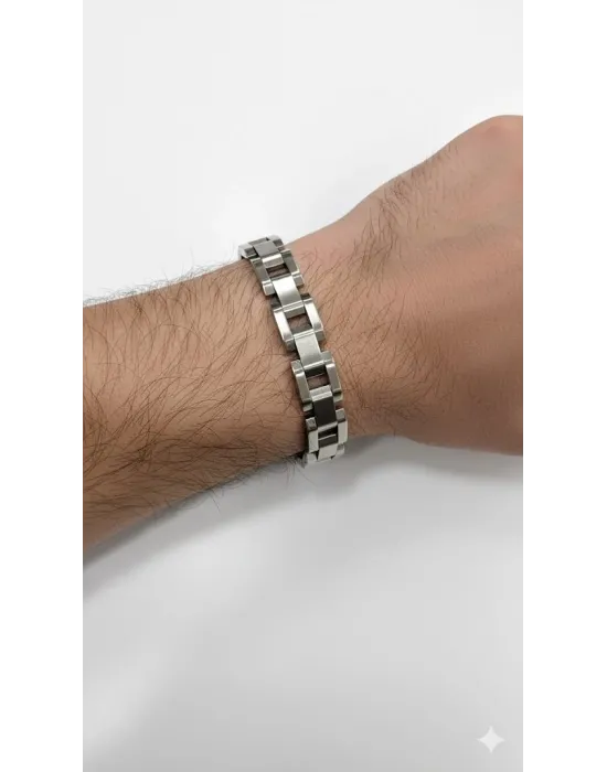 Siyah-bordo Deri / Çelik  Erkek Deri Bileklik 20 Cm  - Ebl0055