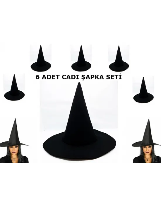 Siyah Cadı Şapkası Keçe Yetişkin Boy 6 Adet