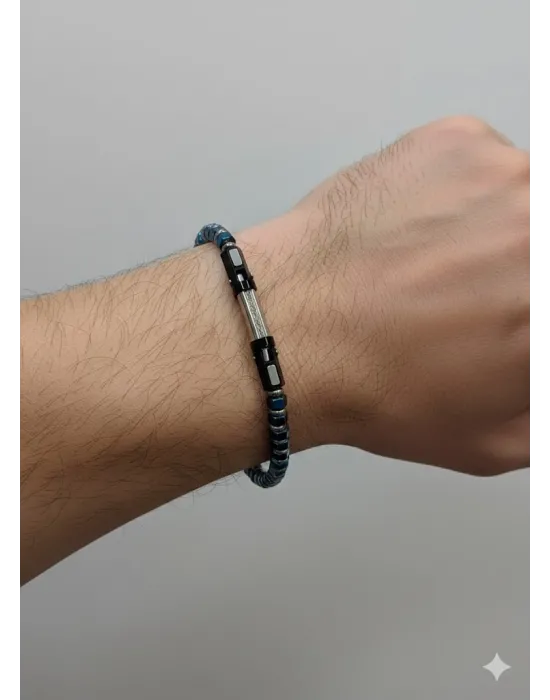 Siyah Deri / Çelik  Erkek Deri Bileklik 20 Cm  - Ebl0029