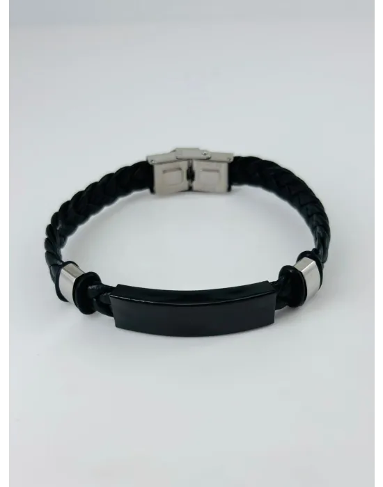 Siyah Deri  / Çelik  Erkek Deri Bileklik 20 Cm  - Ebl0031