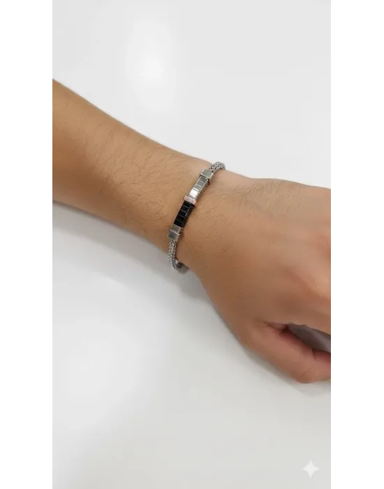 Siyah Deri  / Çelik  Erkek Deri Bileklik 20 Cm  - Ebl0031