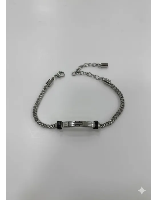 Siyah Deri / Çelik  Erkek Deri Bileklik 20 Cm  - Ebl0032