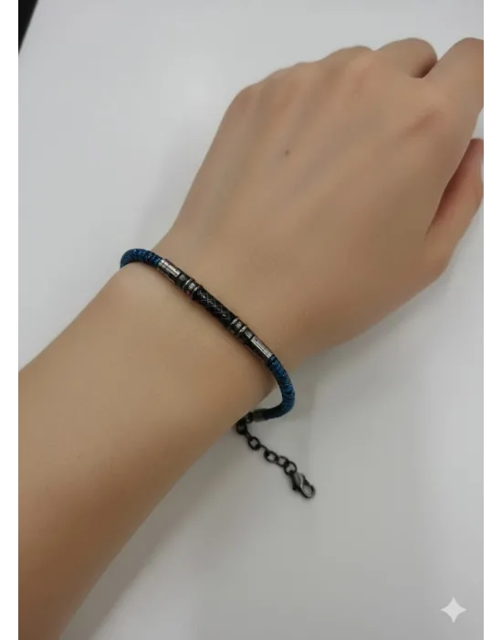 Siyah Deri / Çelik  Erkek Deri Bileklik 20 Cm  - Ebl0035