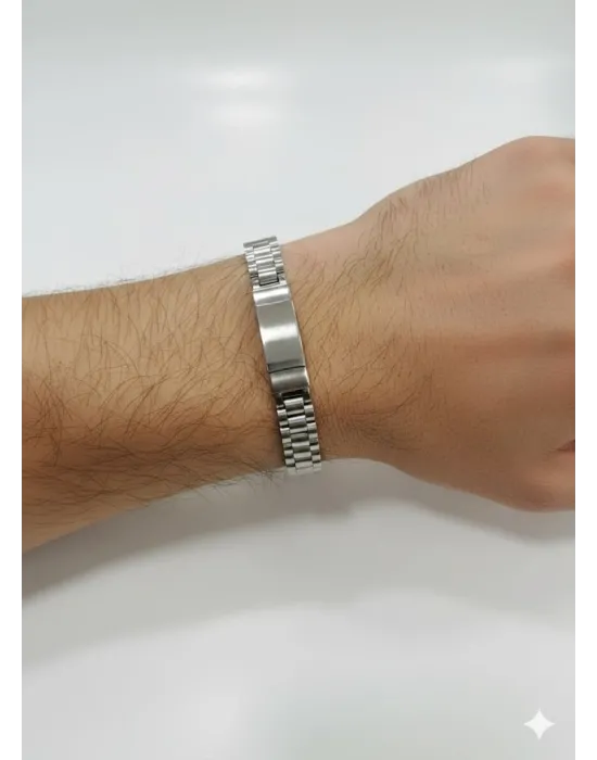 Siyah Deri / Çelik  Erkek Deri Bileklik 20 Cm  - Ebl0036