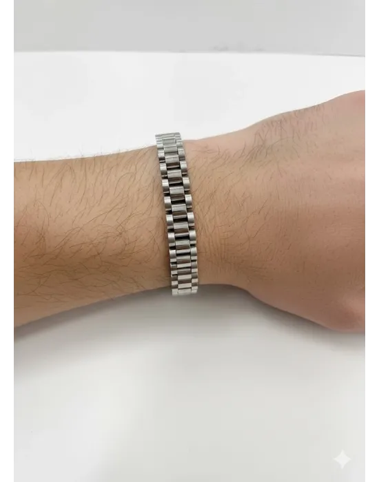 Siyah Deri  / Çelik  Erkek Deri Bileklik 20 Cm  - Ebl0039