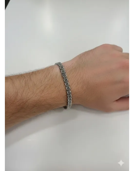 Siyah Deri / Çelik  Erkek Deri Bileklik 20 Cm  - Ebl0043