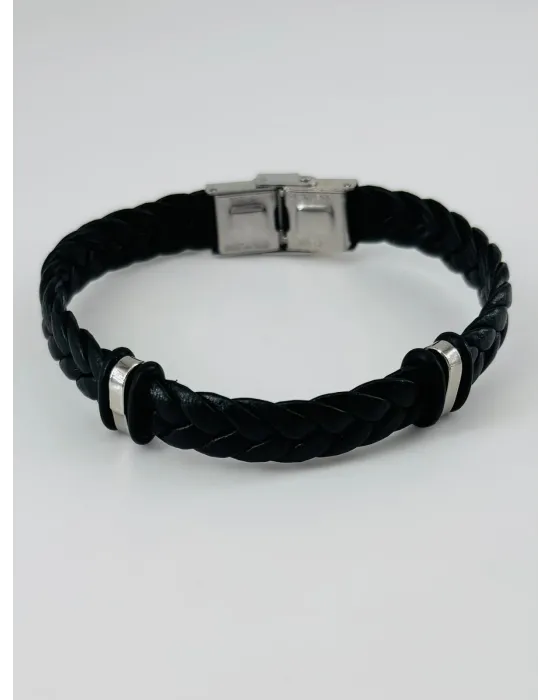 Siyah Deri  / Çelik  Erkek Deri Bileklik 20 Cm  - Ebl0045