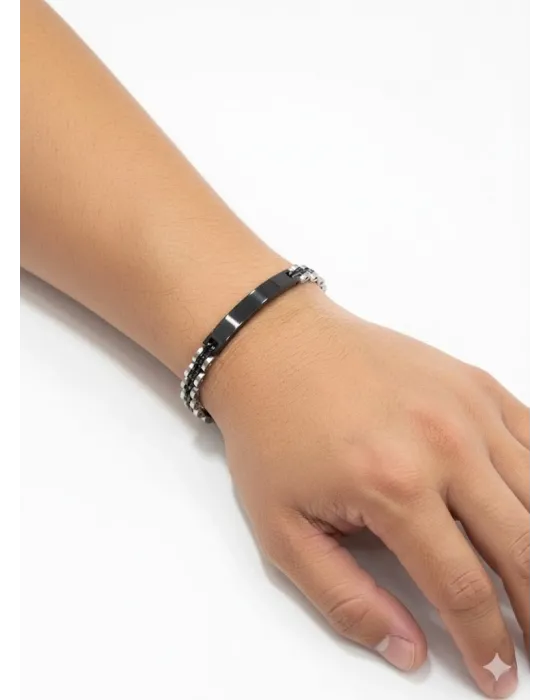 Siyah Deri  / Çelik  Erkek Deri Bileklik 20 Cm  - Ebl0045