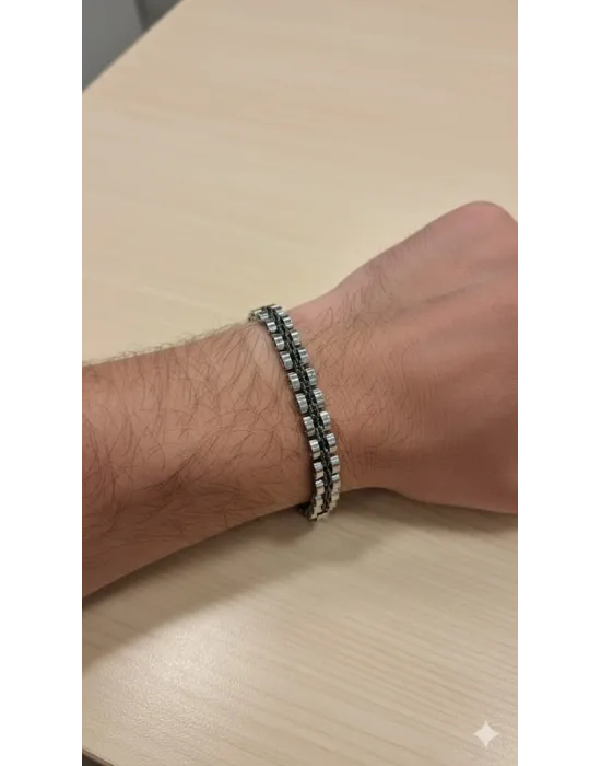 Siyah Deri / Çelik  Erkek Deri Bileklik 20 Cm  - Ebl0048
