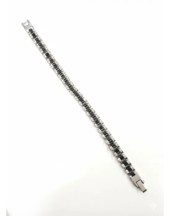 Siyah Deri / Çelik  Erkek Deri Bileklik 20 Cm  - Ebl0049