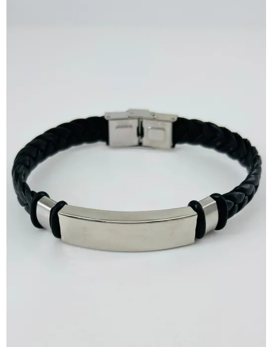 Siyah Deri / Çelik  Erkek Deri Bileklik 20 Cm  - Ebl0057