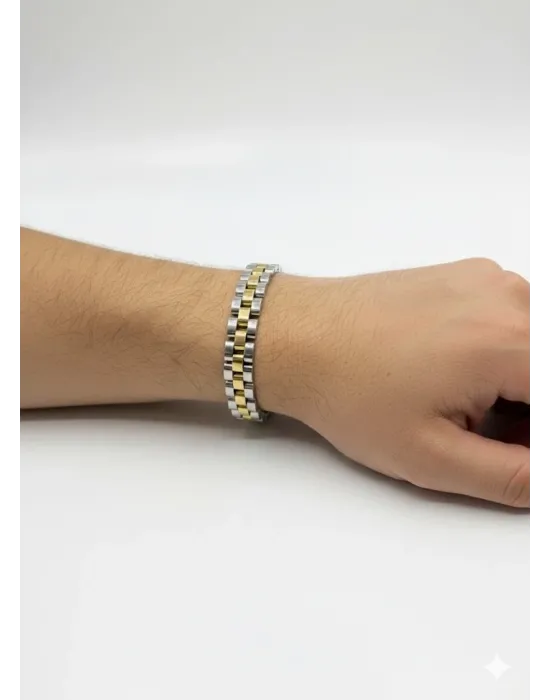 Siyah Deri / Çelik  Erkek Deri Bileklik 20 Cm  - Ebl0058