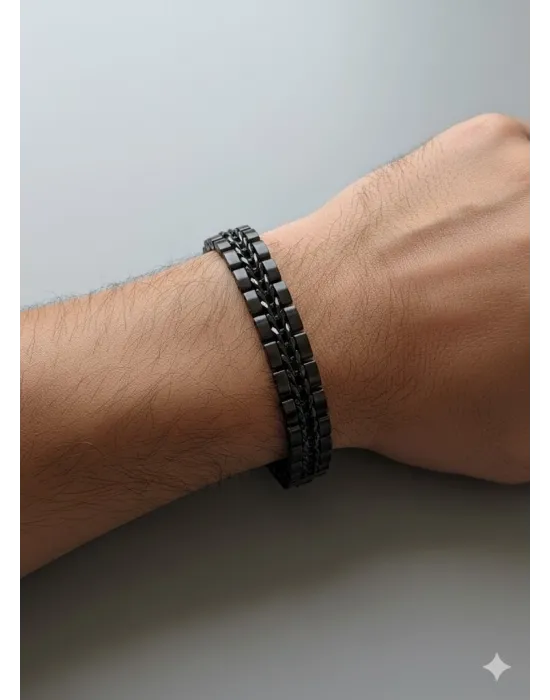 Siyah Deri / Çelik  Erkek Deri Bileklik 20 Cm  - Ebl0061