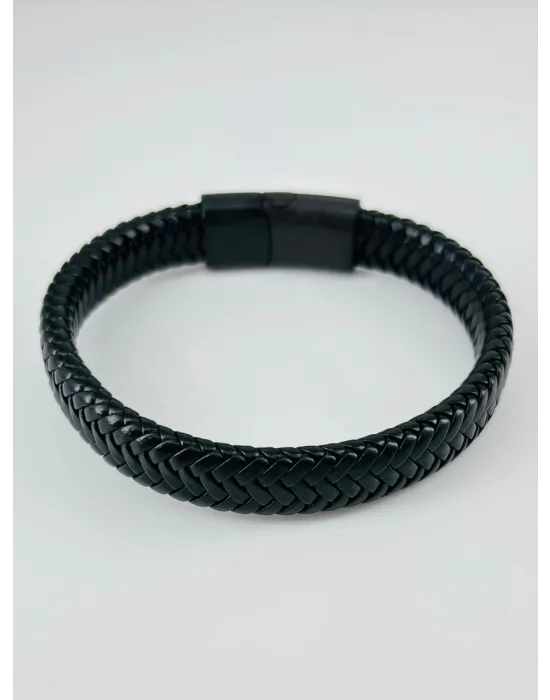 Siyah Deri / Çelik  Erkek Deri Bileklik 20 Cm  - Ebl0065
