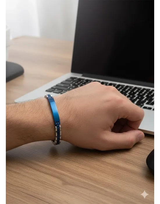 Siyah Deri / Çelik  Erkek Deri Bileklik 20 Cm  - Ebl0073