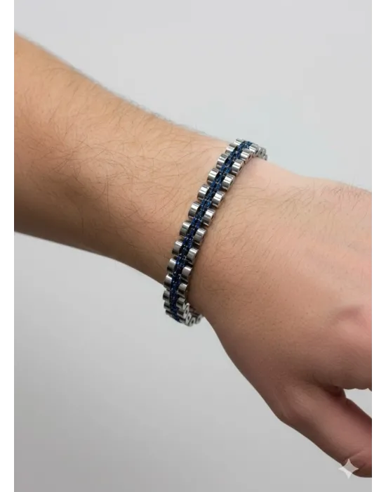 Siyah Deri / Çelik  Erkek Deri Bileklik 20 Cm  - Ebl0083