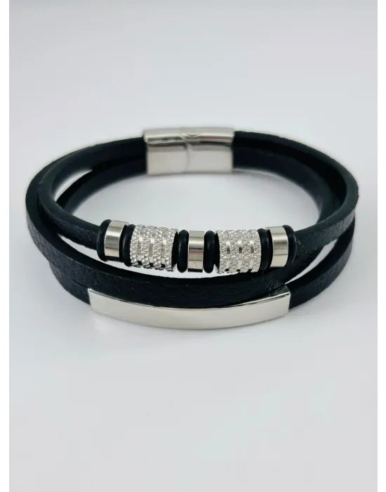Siyah Deri / Çelik  Erkek Deri Bileklik 20 Cm  - Ebl0090