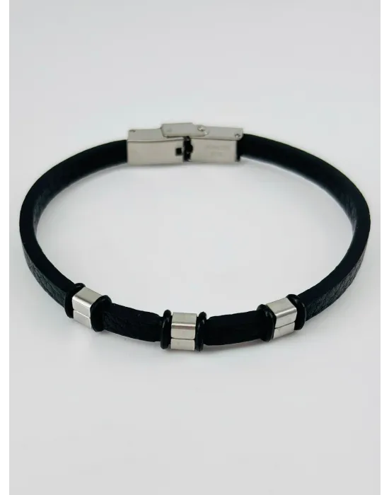 Siyah Deri / Çelik  Erkek Deri Bileklik 20 Cm  - Ebl0096