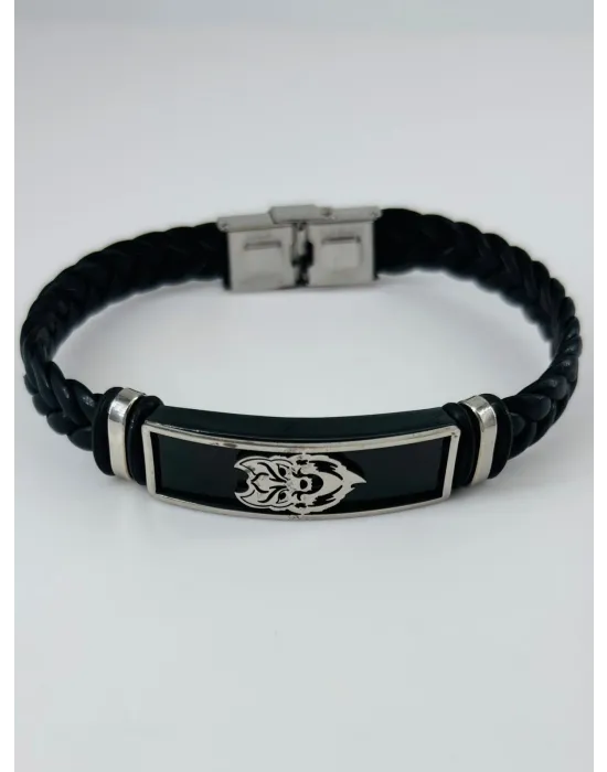 Siyah Deri / Çelik  Erkek Deri Bileklik 20 Cm  - Ebl0104
