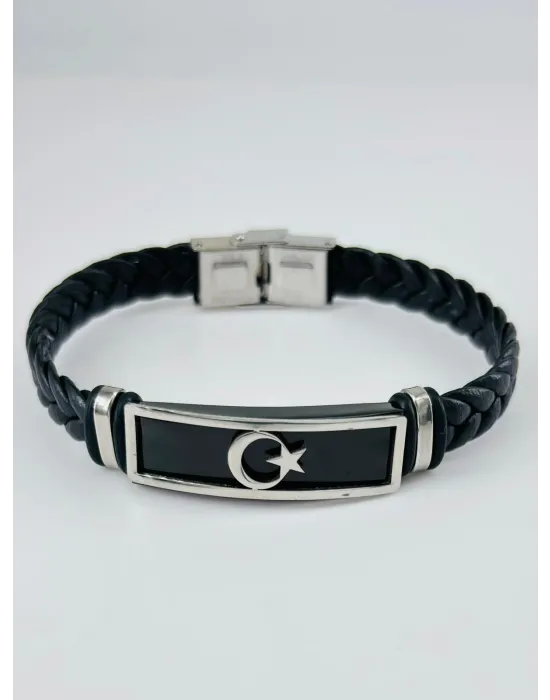 Siyah Deri / Çelik  Erkek Deri Bileklik 20 Cm  - Ebl0125