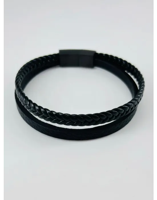 Siyah Deri / Çelik  Erkek Deri Bileklik 20 Cm  - Ebl076