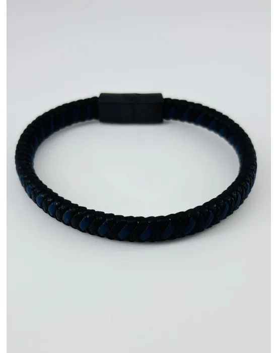 Siyah - Lacivert Deri / Çelik  Erkek Deri Bileklik 20 Cm  - Ebl0052