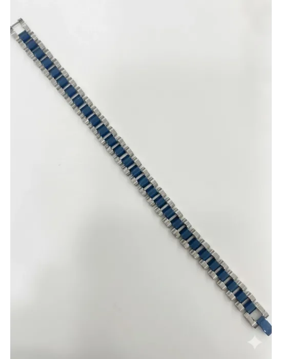 Siyah - Mavi Deri / Çelik  Erkek Deri Bileklik 20 Cm  - Ebl0067