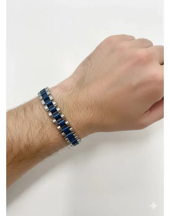 Siyah - Mavi Deri / Çelik  Erkek Deri Bileklik 20 Cm  - Ebl0067