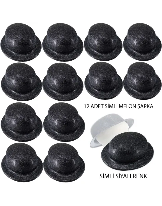 Siyah Renk Simli Melon Yuvarlak Parti Şapkası 12 Adet