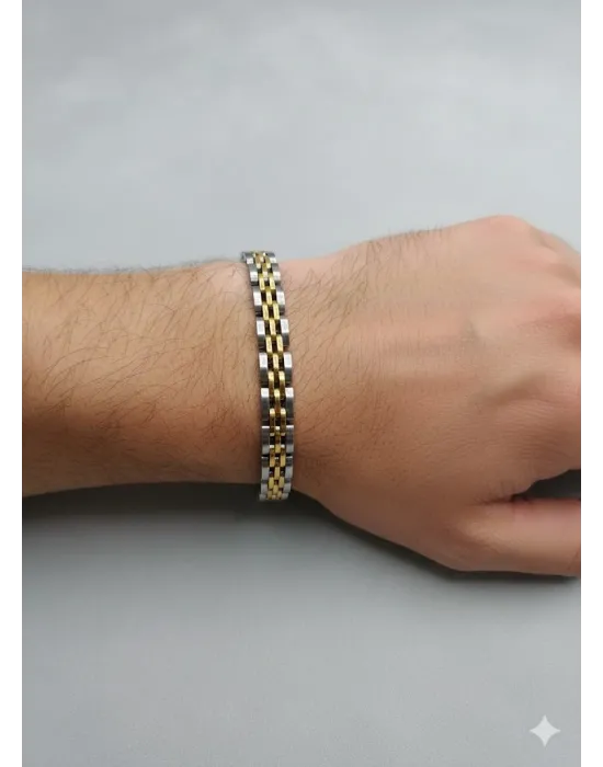 Siyah - Sarı Deri / Çelik  Erkek Deri Bileklik 20 Cm  - Ebl0063