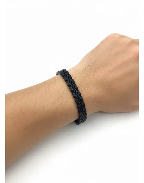 Siyah - Sarı Deri / Çelik  Erkek Deri Bileklik 20 Cm  - Ebl0069