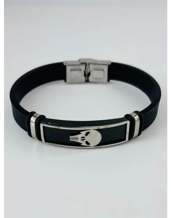 Siyah Silikon / Çelik  Erkek Deri Bileklik 20 Cm  - Ebl0100