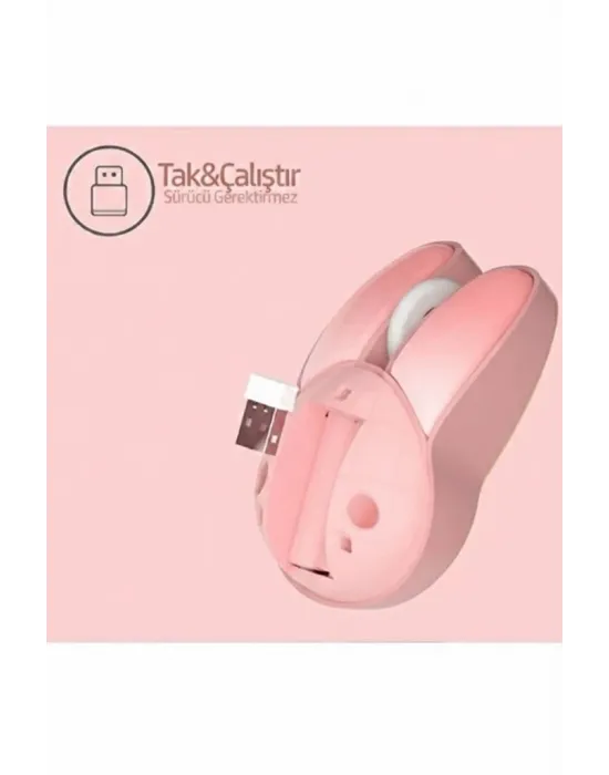 Tavşan Figürlü Kablosuz Mouse Pil Dahil Etiket Hediyeli Pembe