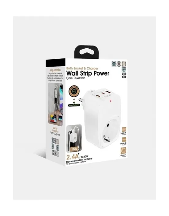 Tekli Yüksek Voltaj Korumalı Duvar Prizi 2x Type-c 1x Usb Çıkışlı Priz Grup Priz Çoğaltıcı Siyah