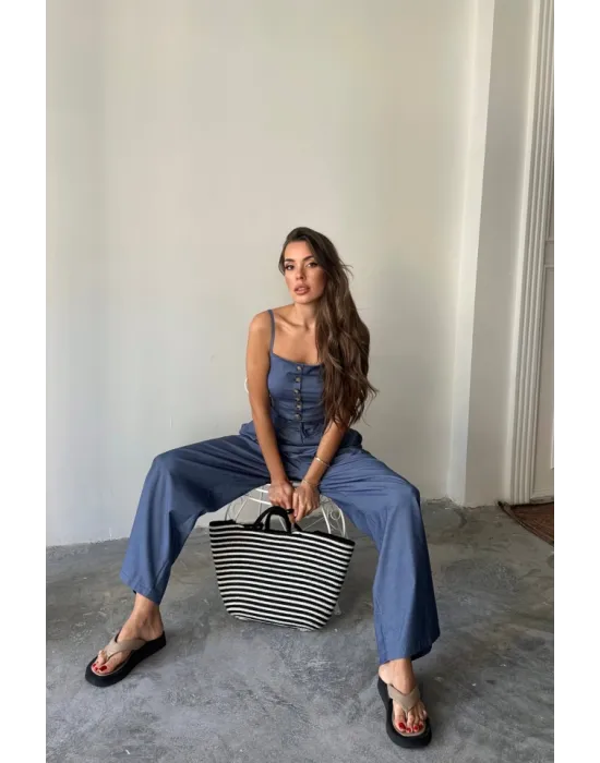 TENCEL CROP ASKILI BLUZ - ŞALVAR PANTOLON TK - İndigo